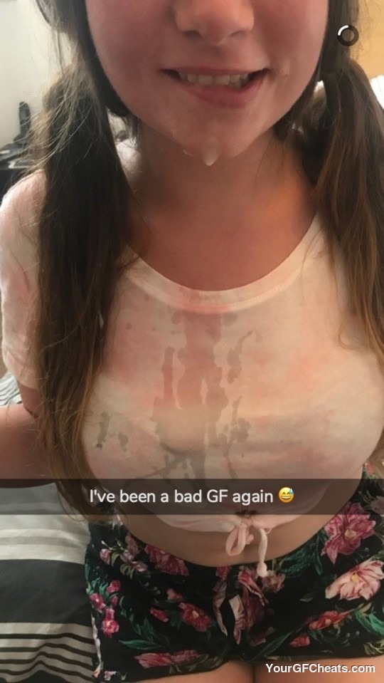 Cheating girlfriend Snapchat with cum on her chin and shirt. Overlay: I've been a bad GF again