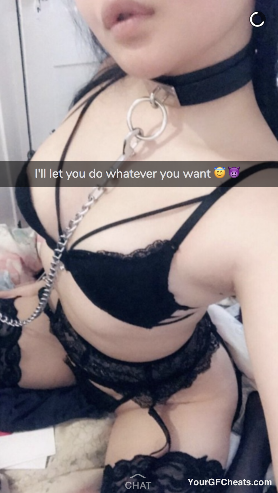 Girlfriend in black lace lingerie and leash Snapchat: I'll let you do whatever you want